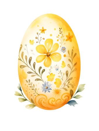 Drawing of an Easter Egg in yellow watercolors. White background with copy spaceの素材