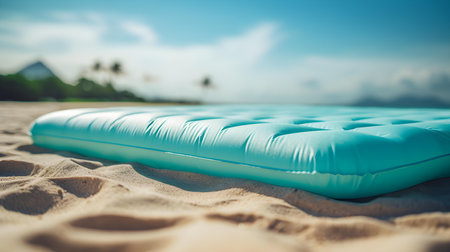 Close up of a cyan inflatable beach mat on the sand. Beautiful Summer Vacation Backgroundの素材