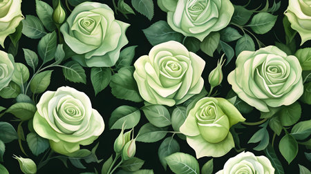 Abstract background of illustrated roses. Floral Wallpaper in dark green Colorsの素材