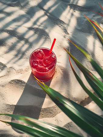Top view of a dark red drink on sandy beach. Elegant summer wallpapersの素材