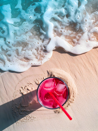 Top view of a hot pink drink on sandy beach. Elegant summer wallpapersの素材