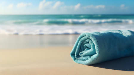 Close up of a cyan rolled towel on beach sand. Vacation Background with Copy Spaceの素材