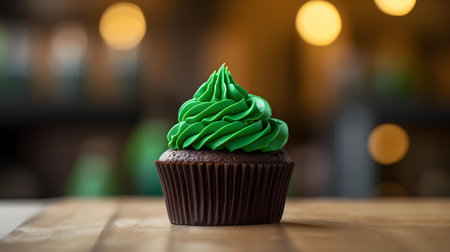 Close up of a dark green cupcake on a wooden table. Blurred Kitchen Interior Backgroundの素材