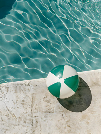 Top View of a dark green and white Beach Ball by the Poolside. Colorful Summer Wallpapersの素材