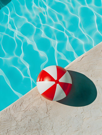 Top View of a dark red and white Beach Ball by the Poolside. Colorful Summer Wallpapersの素材