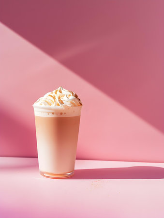 Light Brown Summer Drink on a pink Background with Sunlight and Shadowsの素材