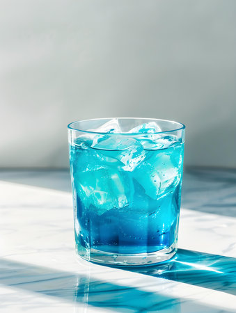 Turquoise Summer Drink on a light Background with Sunlight and Shadowsの素材