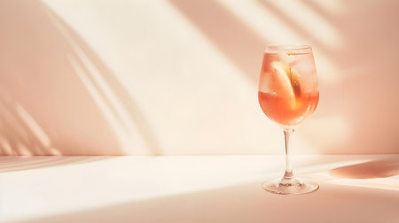 Rose Gold Summer Drink on a light background with sunlight and shadowsの素材