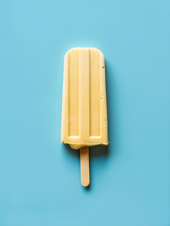 Beige popsicle on a summery blue background with copy spaceの素材