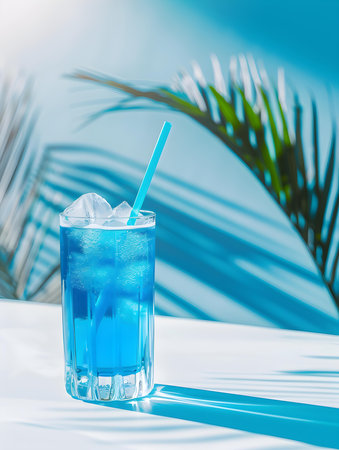 Blue Summer Drink on a light Background with Sunlight and Shadowsの素材
