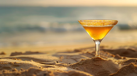 Close Up of a dark gold drink on a tropical beach. Beautiful Summer Vacation Backgroundの素材