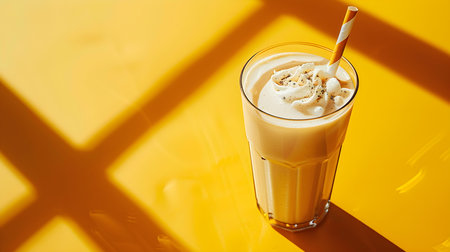 Beige summer drink on a yellow background with sunlight and shadowsの素材