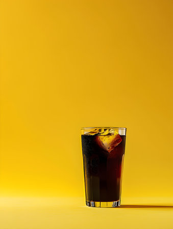 Black Summer Drink on a yellow Background with Sunlight and Shadowsの素材