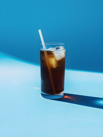 Black Summer Drink on a blue Background with Sunlight and Shadowsの素材