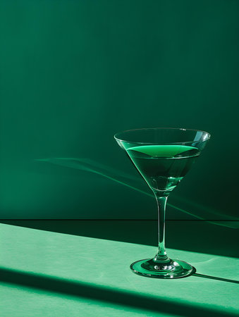 Dark Green Summer Drink on a green Background with Sunlight and Shadowsの素材