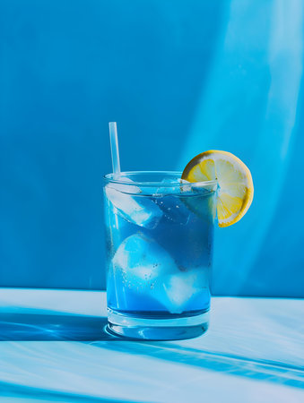 Blue Summer Drink on a blue Background with Sunlight and Shadowsの素材
