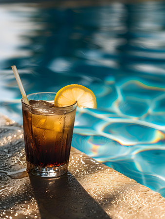 Dark Brown Drink by the Poolside. Luxury Vacation Wallpapersの素材