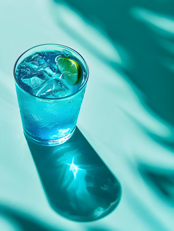 Blue Summer Drink on a blue Background with Sunlight and Shadowsの素材