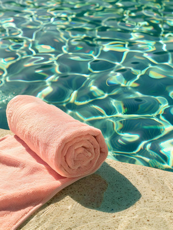 Rolled blush towel on the corner of a swimming pool. Beautiful Vacation Wallpapersの素材