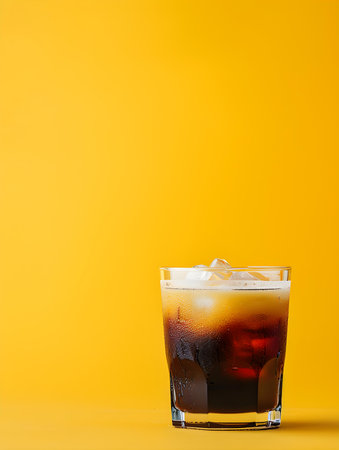 Dark Brown Summer Drink on a yellow Background with Sunlight and Shadowsの素材