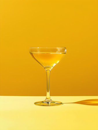 Gold Summer Drink on a yellow Background with Sunlight and Shadowsの素材