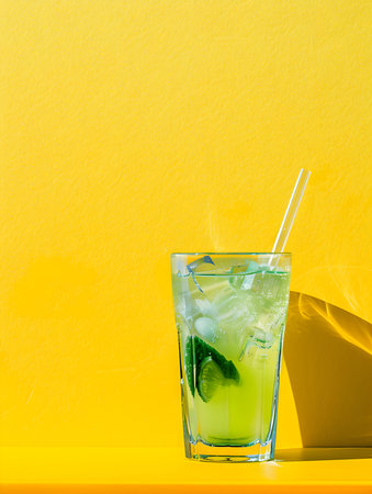 Light Green Summer Drink on a yellow Background with Sunlight and Shadowsの素材