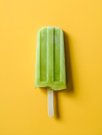 Green Popsicle on a summery yellow background with copy spaceの素材