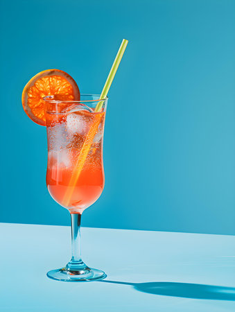 Light Red Summer Drink on a blue Background with Sunlight and Shadowsの素材
