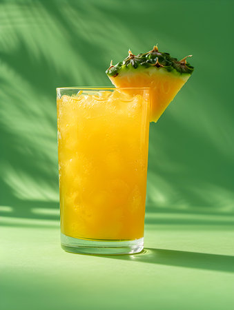 Light Yellow Summer Drink on a green Background with Sunlight and Shadowsの素材