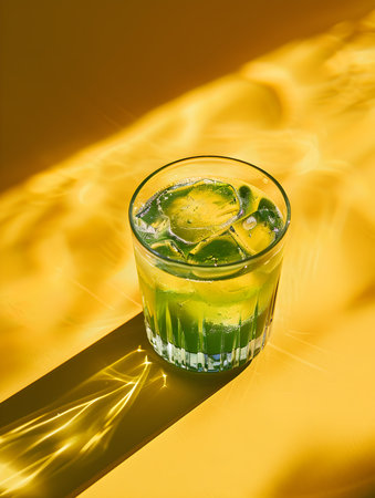 Light Green Summer Drink on a yellow Background with Sunlight and Shadowsの素材