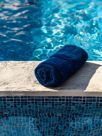 Rolled navy blue towel on the corner of a swimming pool. Beautiful Vacation Wallpapersの素材