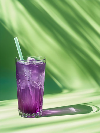 Purple Summer Drink on a green Background with Sunlight and Shadowsの素材