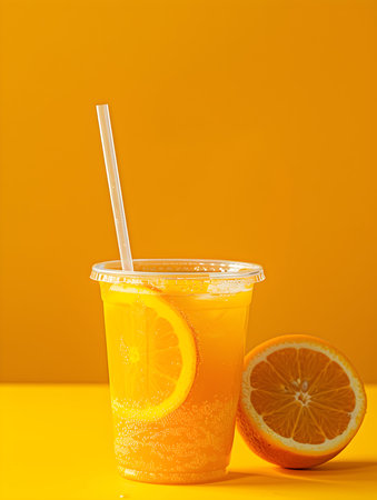 Orange Summer Drink on a yellow Background with Sunlight and Shadowsの素材