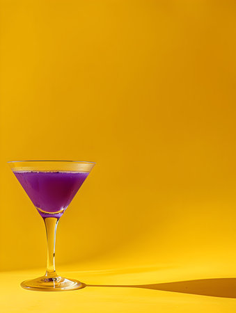 Purple Summer Drink on a yellow Background with Sunlight and Shadowsの素材