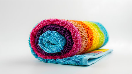 Rolled multicolor towel on a white backgroundの素材