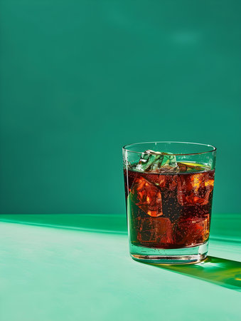 Dark Red Summer Drink on a green Background with Sunlight and Shadowsの素材