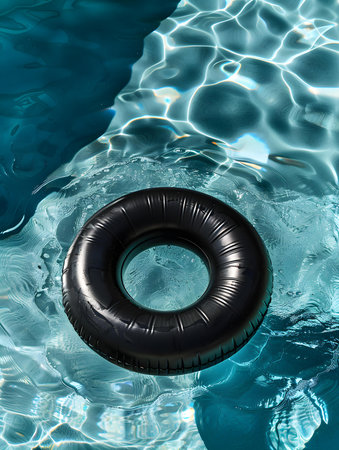 Top view of a black inflatable ring by the poolside. Colorful Summer Wallpapersの素材