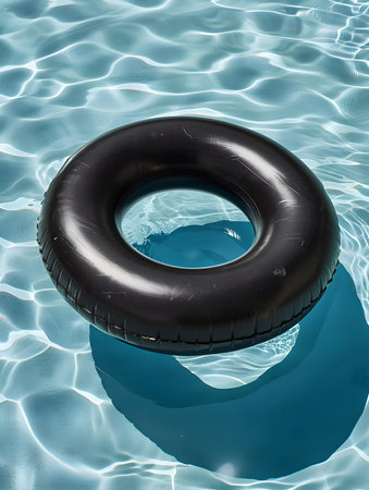 Top view of a black inflatable ring floating on pool water. Colorful Summer Wallpapersの素材