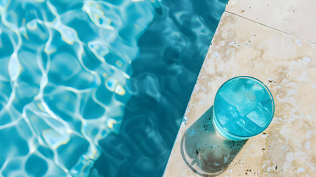Top view of a blue drink by the poolside. Luxury Vacation Backgroundの素材