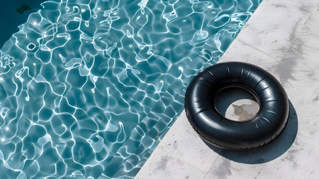 Top view of a black inflatable ring by the poolside. Colorful Summer Backgroundの素材