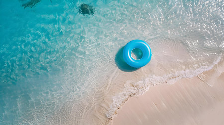 Top view of a blue inflatable swimming ring on the beachの素材