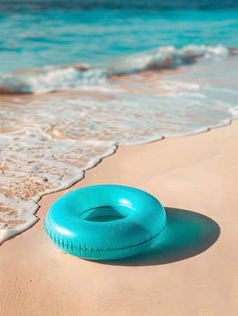 Close Up of a blue inflatable swimming ring on the beachの素材