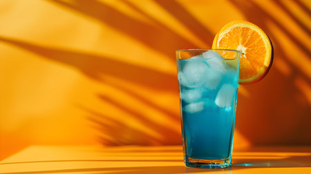 Blue Summer Drink on an orange background with sunlight and shadowsの素材