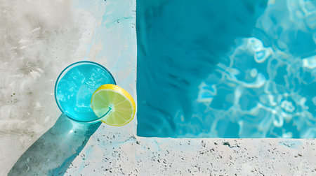Top View of a cyan Drink by the Poolside. Luxury Vacation Backgroundの素材