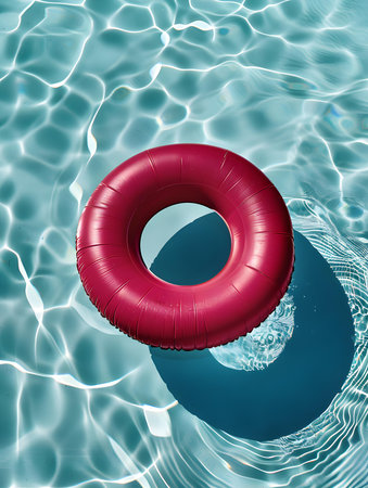 Top view of a burgundy inflatable ring by the poolside. Colorful Summer Wallpapersの素材