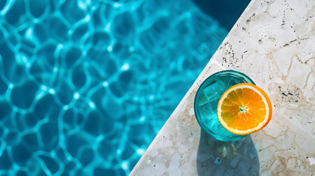 Top view of a blue drink by the poolside. Luxury Vacation Backgroundの素材