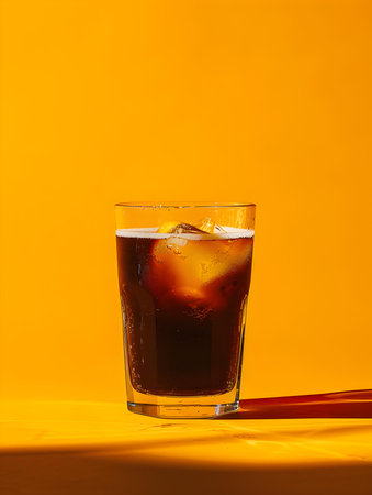 Dark Brown Summer Drink on an orange background with sunlight and shadowsの素材