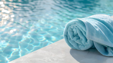 Rolled blue towel on the corner of a swimming pool. Beautiful vacation backgroundの素材