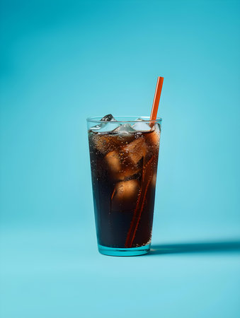 Dark Brown Summer Drink on a blue Background with Sunlight and Shadowsの素材