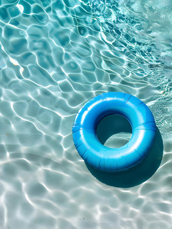 Top view of a blue inflatable ring by the poolside. Colorful Summer Wallpapersの素材